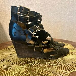 Frye Black Leather Strappy Wedge Sandals